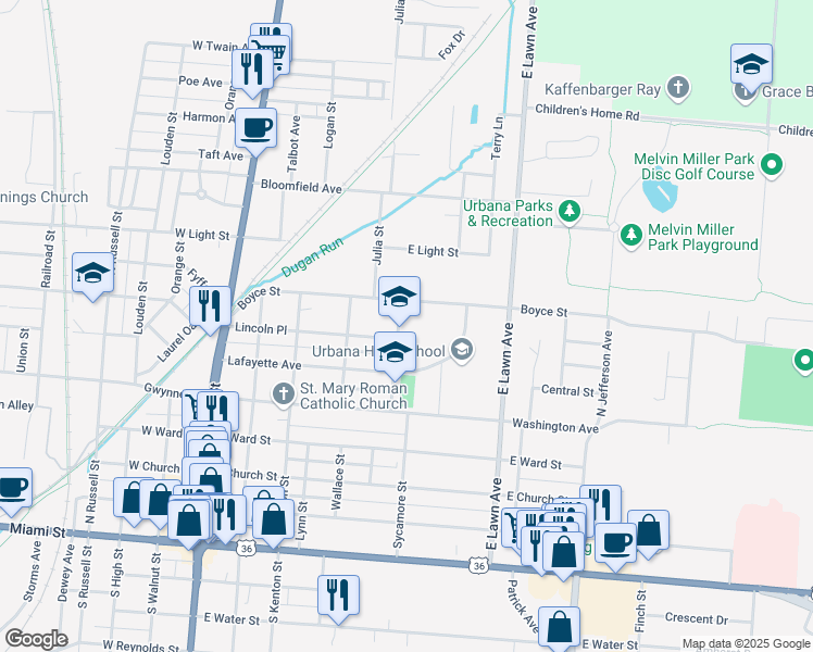 map of restaurants, bars, coffee shops, grocery stores, and more near 711 Wood Street in Urbana