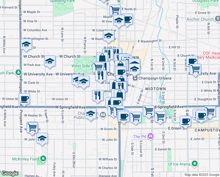 map of restaurants, bars, coffee shops, grocery stores, and more near 124 West White Street in Champaign