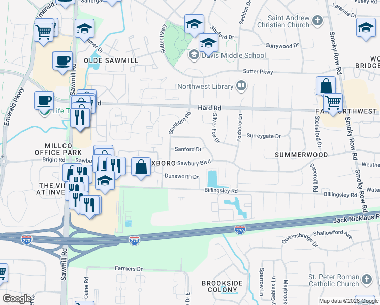 map of restaurants, bars, coffee shops, grocery stores, and more near 2431 Sanford Drive in Columbus