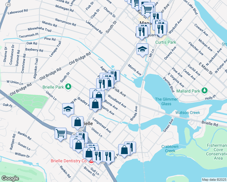 map of restaurants, bars, coffee shops, grocery stores, and more near 529 Fisk Avenue in Brielle