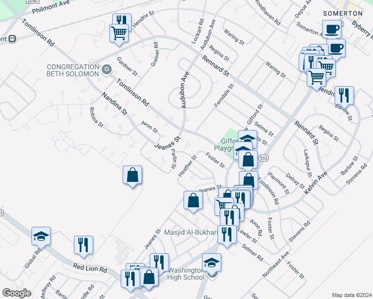 map of restaurants, bars, coffee shops, grocery stores, and more near 491 Avon Street in Philadelphia