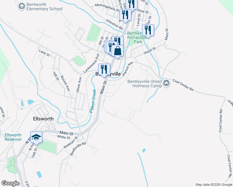 map of restaurants, bars, coffee shops, grocery stores, and more near 135 Bertram Street in Bentleyville
