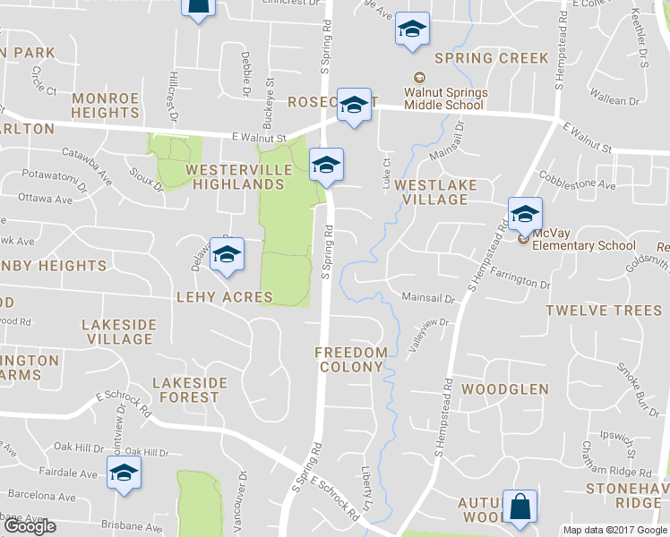 map of restaurants, bars, coffee shops, grocery stores, and more near 404 South Spring Road in Westerville