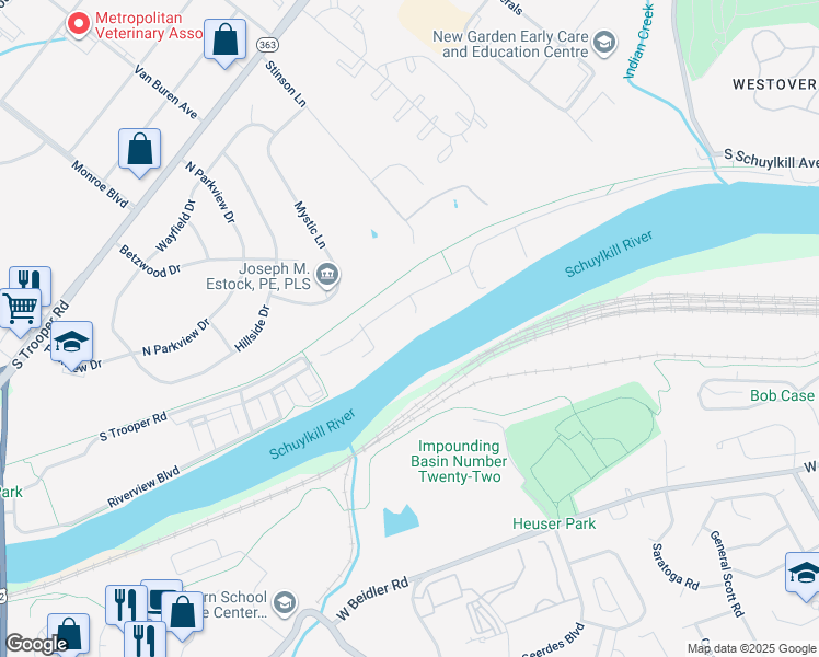 map of restaurants, bars, coffee shops, grocery stores, and more near 73 West Indian Lane in Norristown