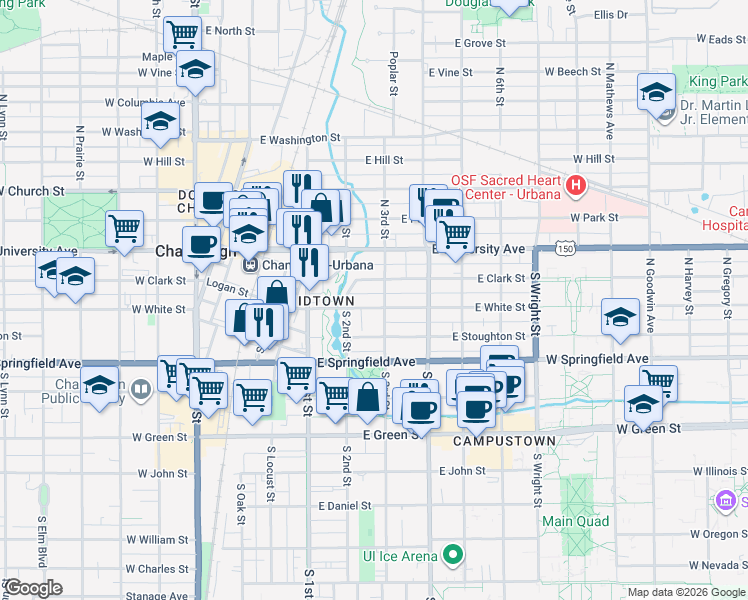 map of restaurants, bars, coffee shops, grocery stores, and more near 217 South 3rd Street in Champaign