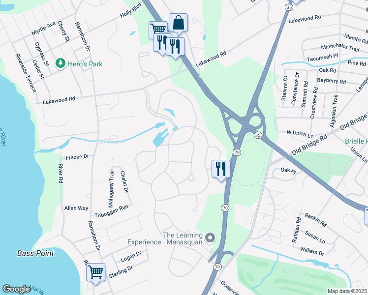 map of restaurants, bars, coffee shops, grocery stores, and more near 1517 Primrose Place in Manasquan