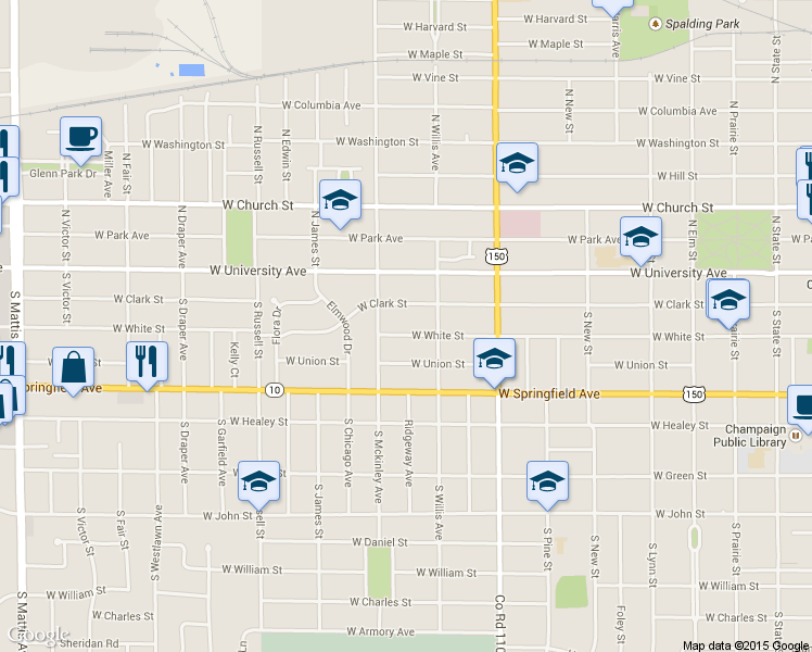 map of restaurants, bars, coffee shops, grocery stores, and more near 1010 West White Street in Champaign