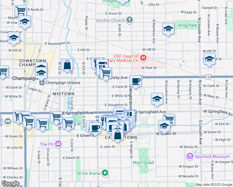 map of restaurants, bars, coffee shops, grocery stores, and more near 510 East White Street in Champaign