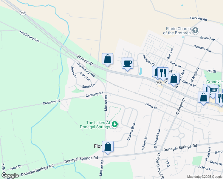 map of restaurants, bars, coffee shops, grocery stores, and more near 1101 Wood Street in Mount Joy