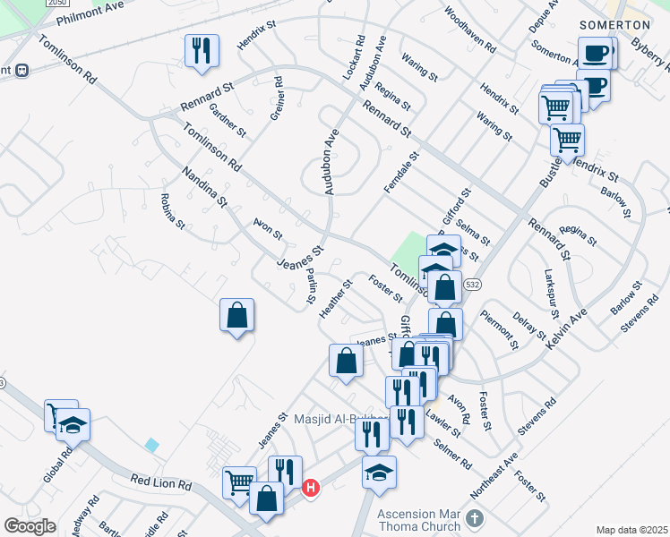 map of restaurants, bars, coffee shops, grocery stores, and more near 491 Avon Street in Philadelphia