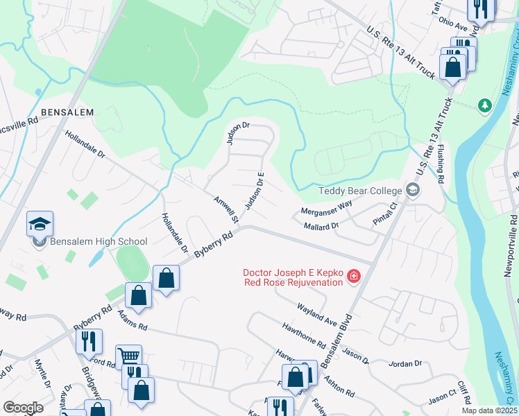 map of restaurants, bars, coffee shops, grocery stores, and more near 1387 Abbey Way in Bensalem