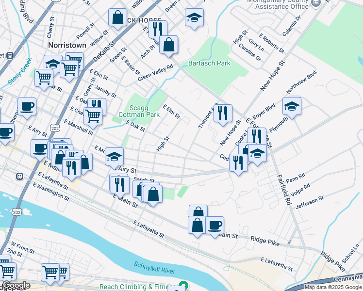 map of restaurants, bars, coffee shops, grocery stores, and more near 632 East Oak Street in Norristown