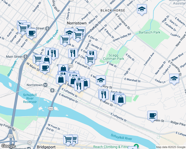 map of restaurants, bars, coffee shops, grocery stores, and more near 314 East Moore Street in Norristown