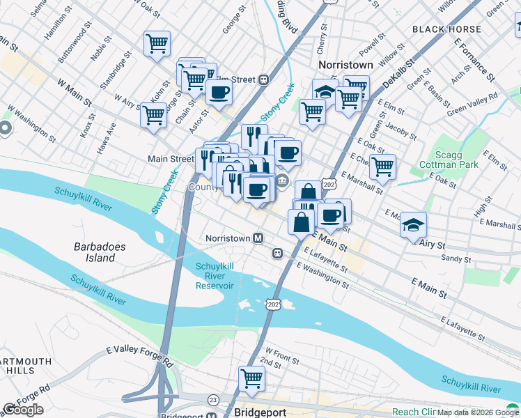 map of restaurants, bars, coffee shops, grocery stores, and more near in Norristown