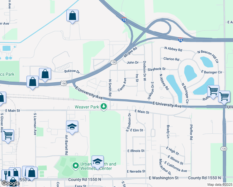 map of restaurants, bars, coffee shops, grocery stores, and more near 2306 East University Avenue in Urbana
