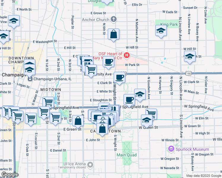 map of restaurants, bars, coffee shops, grocery stores, and more near 602 East White Street in Champaign
