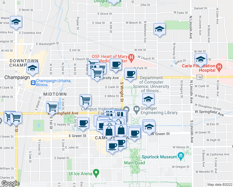 map of restaurants, bars, coffee shops, grocery stores, and more near 602 East White Street in Champaign