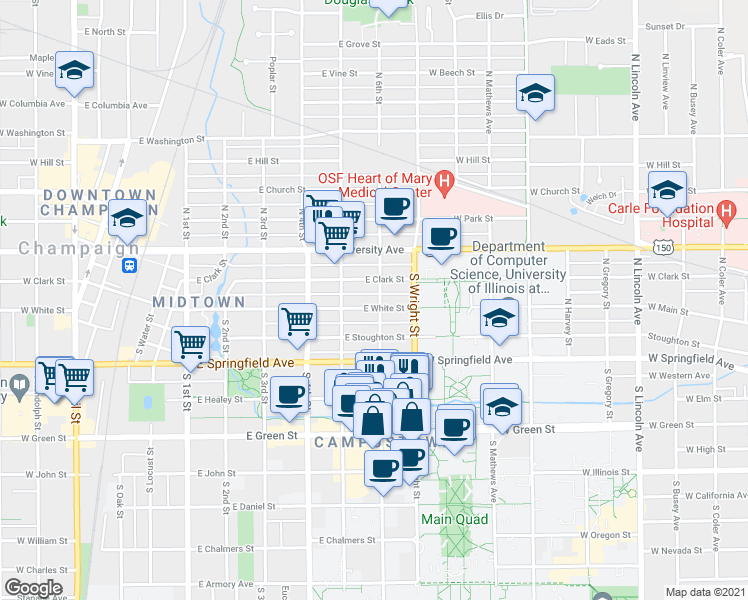 map of restaurants, bars, coffee shops, grocery stores, and more near 602 East White Street in Champaign