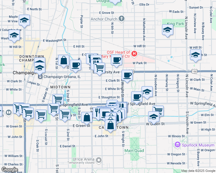 map of restaurants, bars, coffee shops, grocery stores, and more near 504 East White Street in Champaign