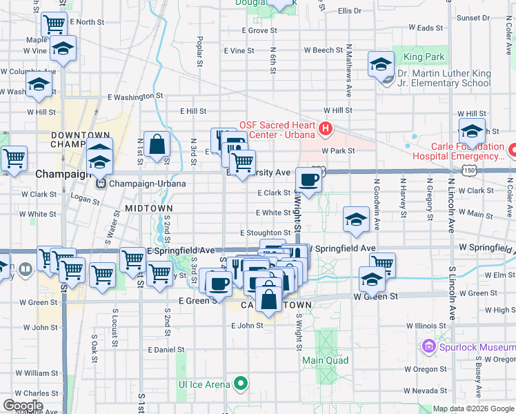 map of restaurants, bars, coffee shops, grocery stores, and more near 504 East White Street in Champaign