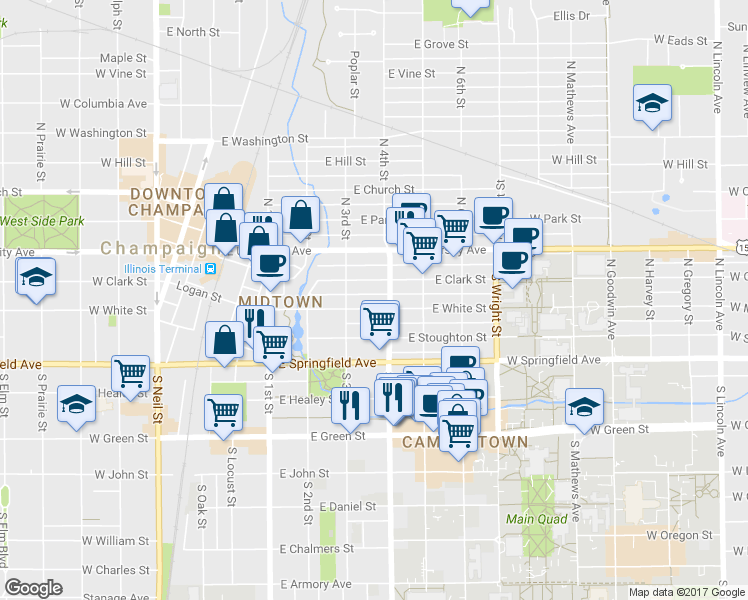 map of restaurants, bars, coffee shops, grocery stores, and more near 308 East White Street in Champaign