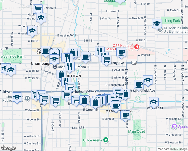 map of restaurants, bars, coffee shops, grocery stores, and more near 308 East White Street in Champaign