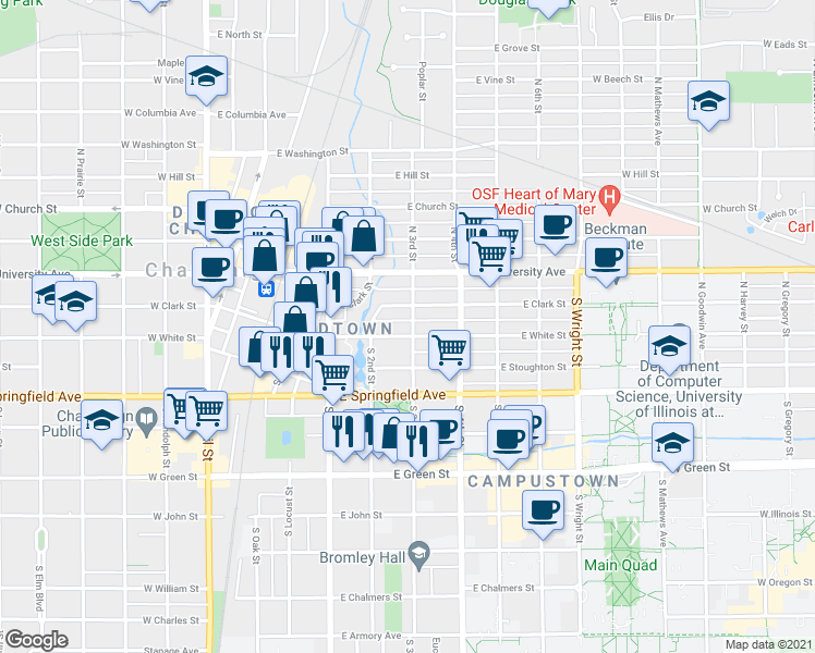 map of restaurants, bars, coffee shops, grocery stores, and more near 217 South 3rd Street in Champaign