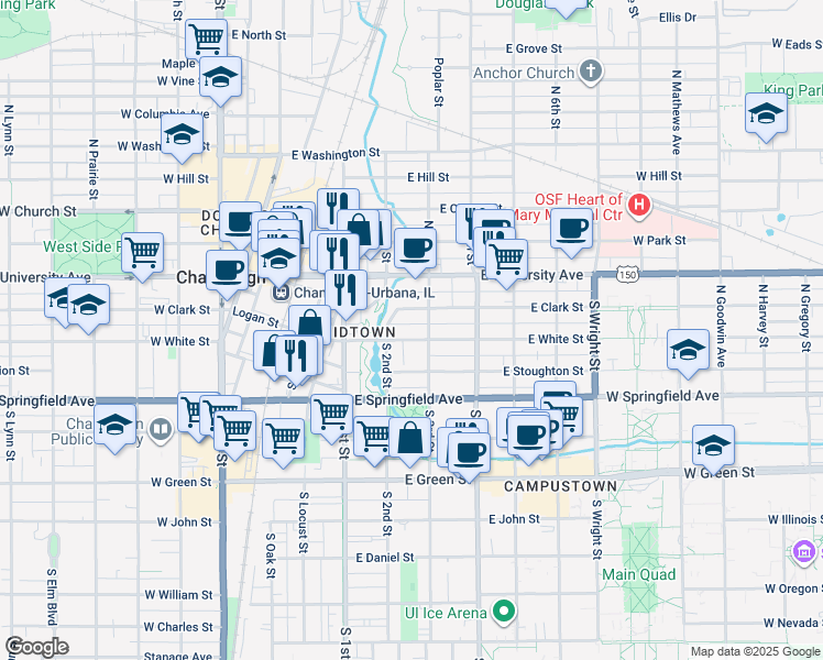 map of restaurants, bars, coffee shops, grocery stores, and more near 217 South 3rd Street in Champaign