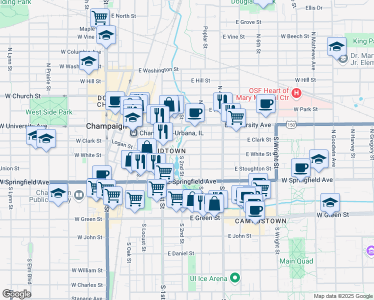map of restaurants, bars, coffee shops, grocery stores, and more near 217 South 3rd Street in Champaign