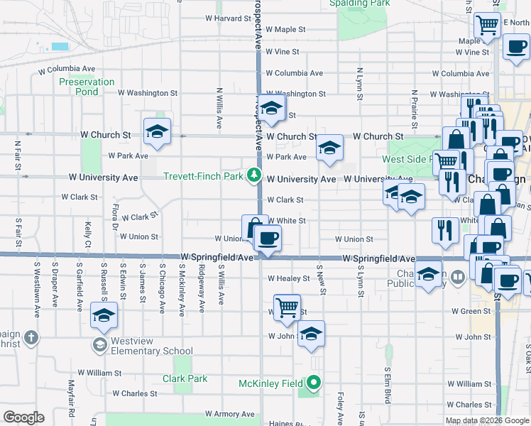 map of restaurants, bars, coffee shops, grocery stores, and more near 810 West White Street in Champaign