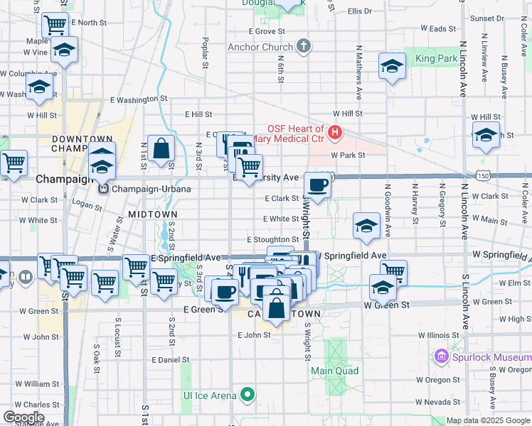 map of restaurants, bars, coffee shops, grocery stores, and more near 504 East White Street in Champaign
