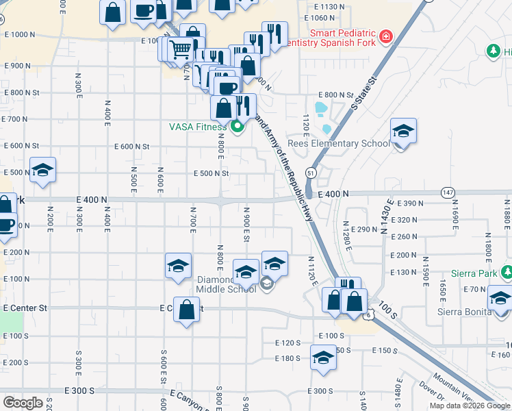 map of restaurants, bars, coffee shops, grocery stores, and more near 380 North 900 East Street in Spanish Fork