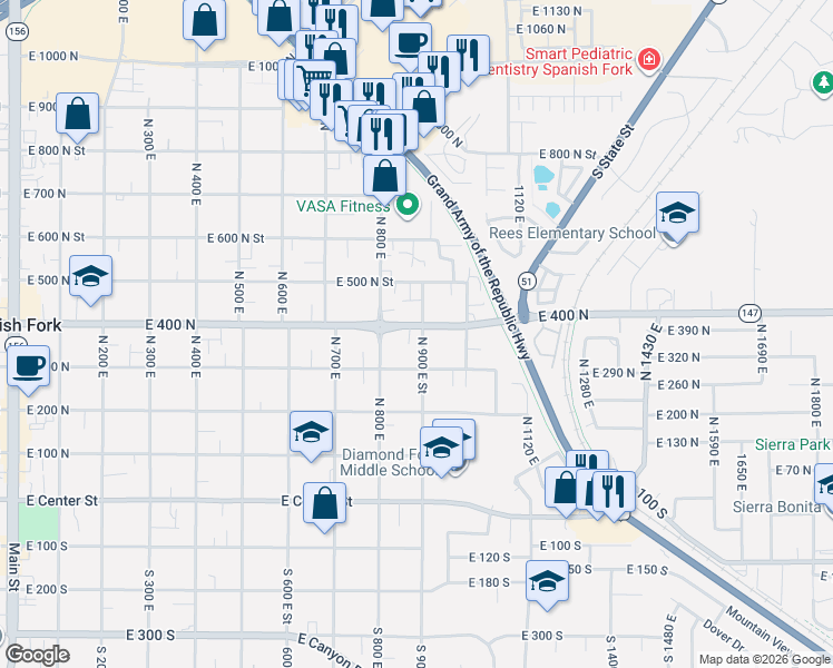 map of restaurants, bars, coffee shops, grocery stores, and more near 380 North 900 East Street in Spanish Fork