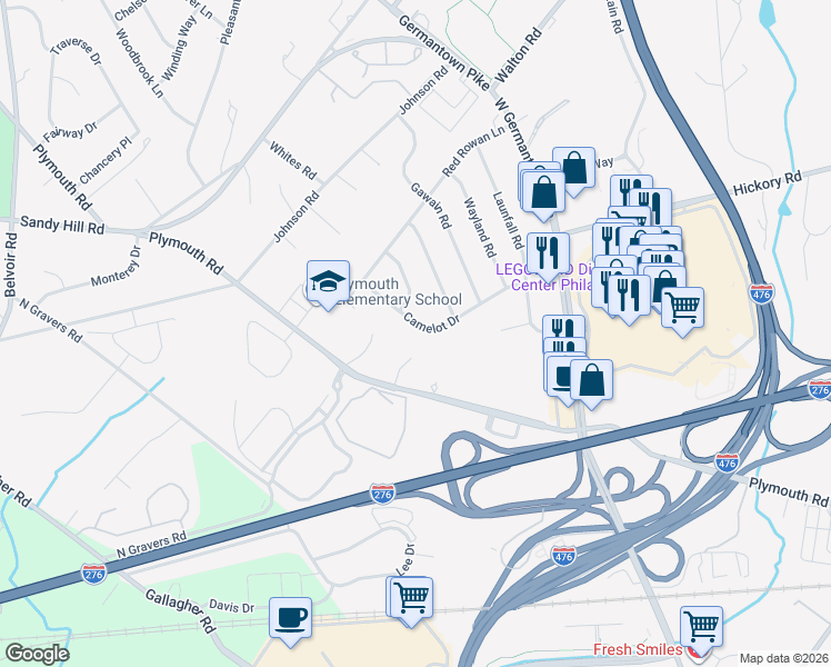 map of restaurants, bars, coffee shops, grocery stores, and more near 29 Camelot Drive in Plymouth Meeting
