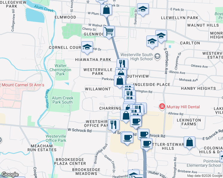 map of restaurants, bars, coffee shops, grocery stores, and more near 420 Mariemont Drive East in Westerville
