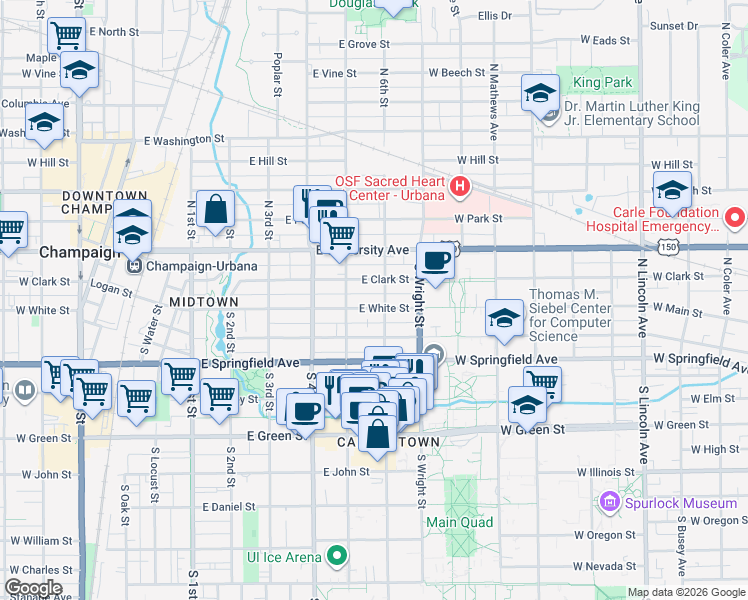map of restaurants, bars, coffee shops, grocery stores, and more near 504 East White Street in Champaign