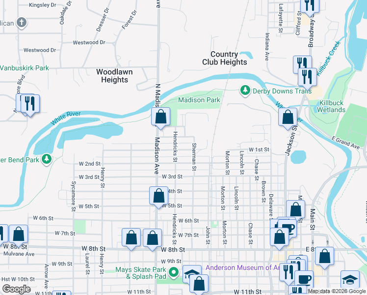 map of restaurants, bars, coffee shops, grocery stores, and more near 824 West 1st Street in Anderson