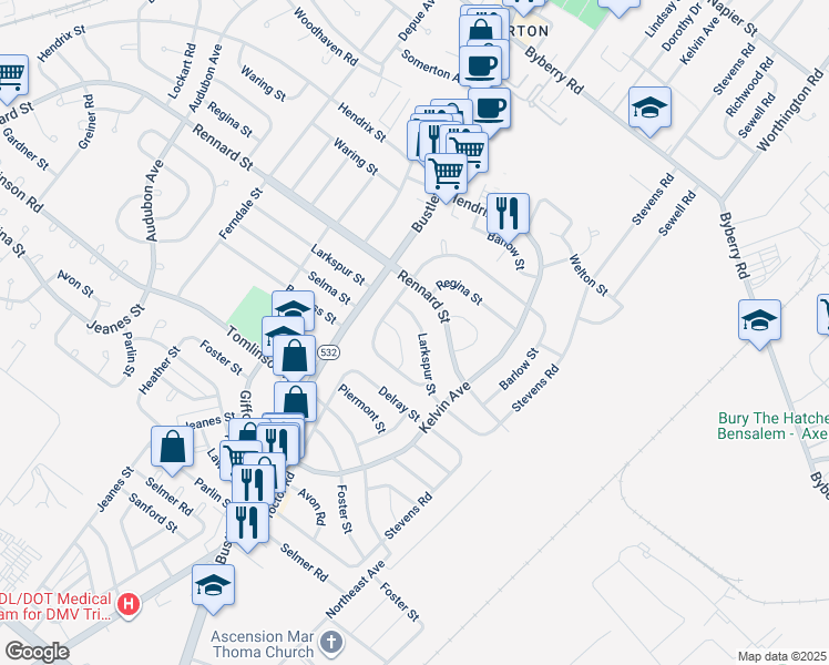 map of restaurants, bars, coffee shops, grocery stores, and more near 810 Larkspur Street in Philadelphia