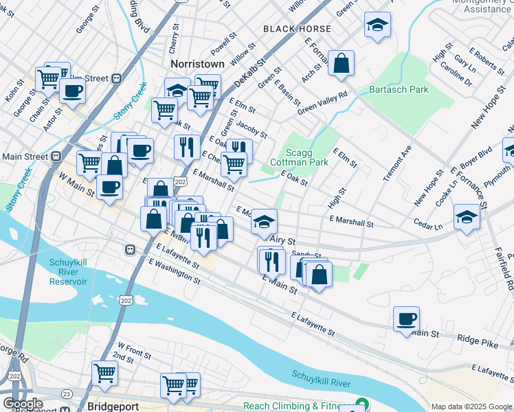 map of restaurants, bars, coffee shops, grocery stores, and more near 340 East Marshall Street in Norristown