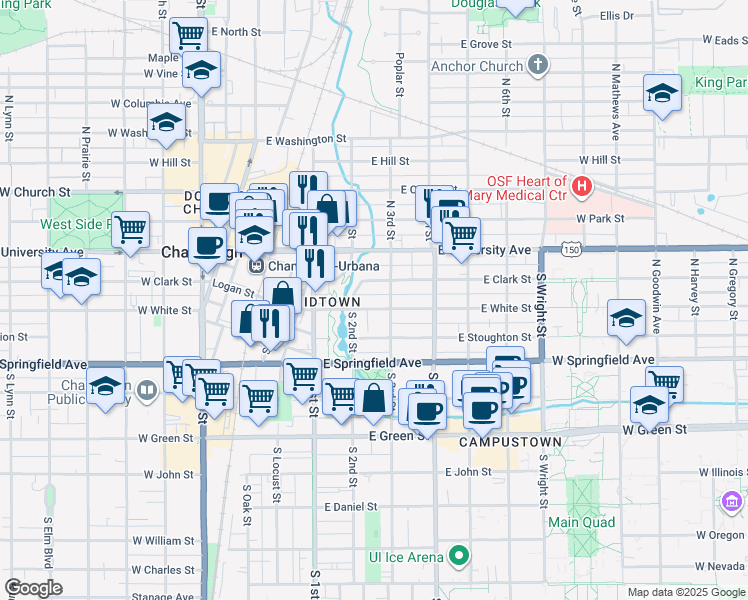 map of restaurants, bars, coffee shops, grocery stores, and more near 208 East White Street in Champaign