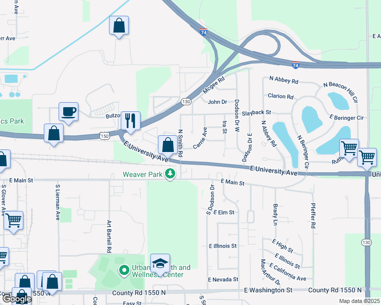 map of restaurants, bars, coffee shops, grocery stores, and more near 2306 East University Avenue in Urbana