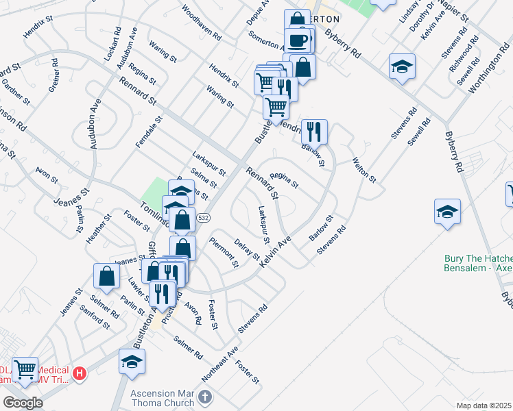 map of restaurants, bars, coffee shops, grocery stores, and more near 810 Larkspur Street in Philadelphia