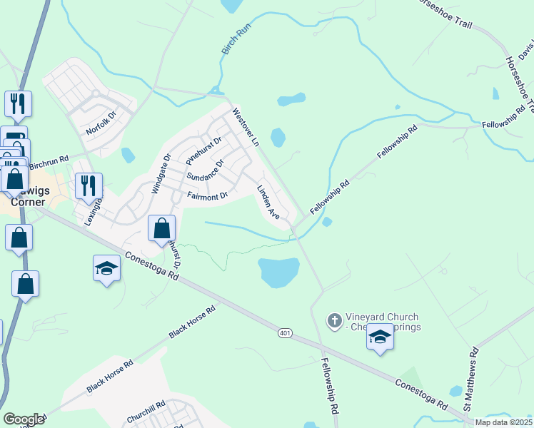 map of restaurants, bars, coffee shops, grocery stores, and more near 1024 Linden Avenue in Chester Springs