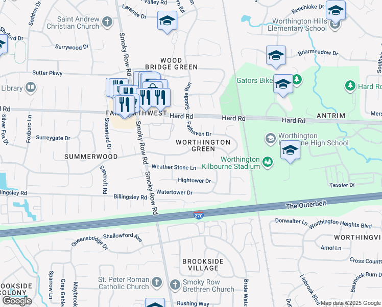 map of restaurants, bars, coffee shops, grocery stores, and more near 1741 Gardenstone Drive in Columbus