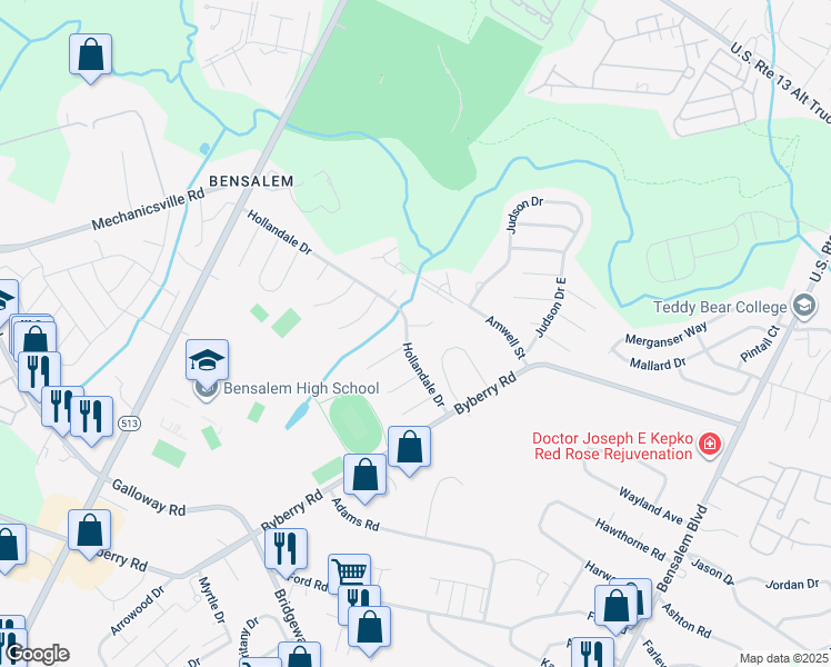 map of restaurants, bars, coffee shops, grocery stores, and more near 4803 Charmaine Court in Bucks County