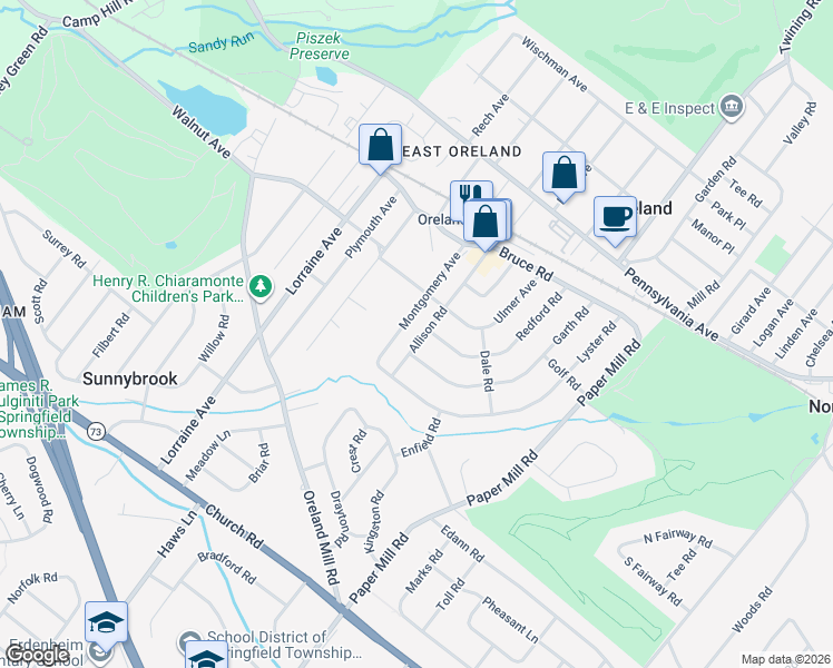 map of restaurants, bars, coffee shops, grocery stores, and more near 212 Allison Road in Oreland