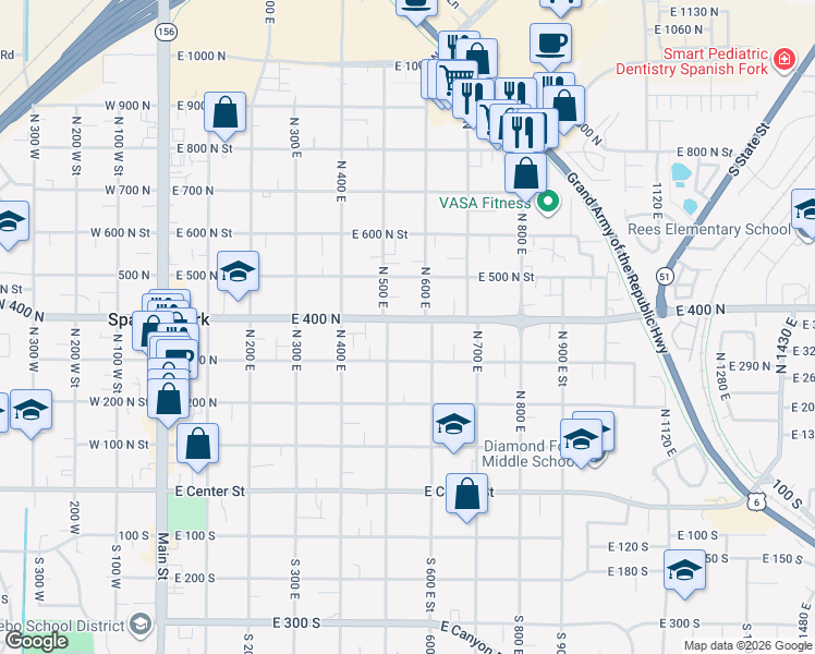 map of restaurants, bars, coffee shops, grocery stores, and more near 540 East 400 North in Spanish Fork