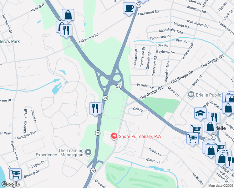 map of restaurants, bars, coffee shops, grocery stores, and more near 241 Oval Road in Manasquan