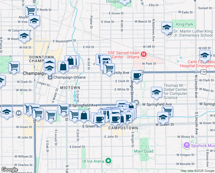 map of restaurants, bars, coffee shops, grocery stores, and more near 408 East White Street in Champaign