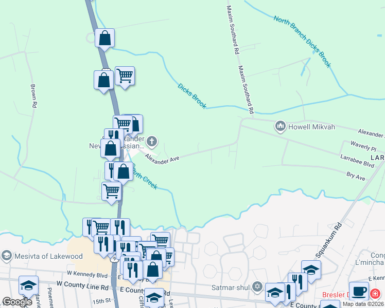 map of restaurants, bars, coffee shops, grocery stores, and more near 270 Alexander Avenue in Howell Township